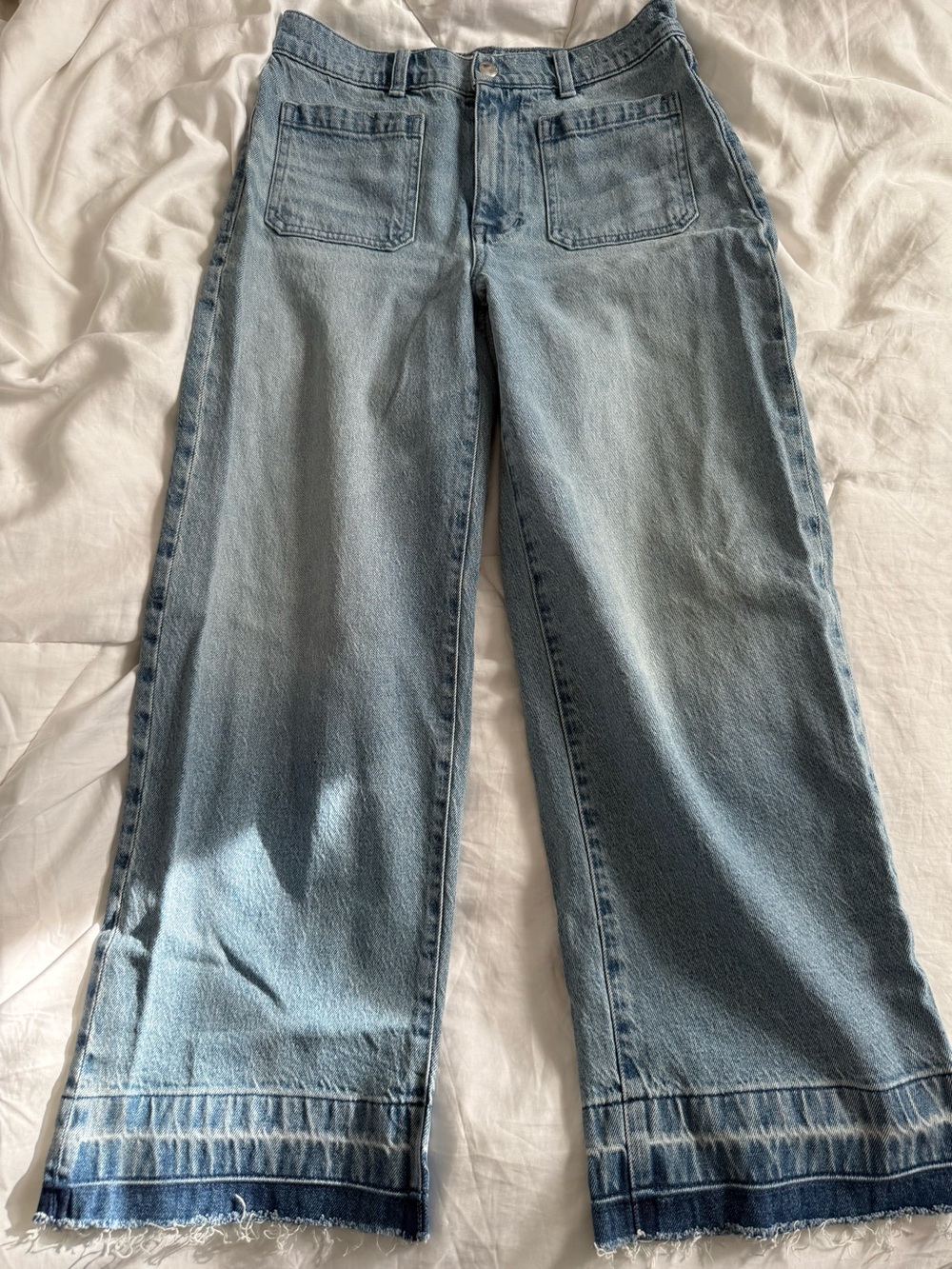 Madewell The Emmett Wide Leg Crop Jeans Let Down Raw Hem Patch Pocket 27P Petite